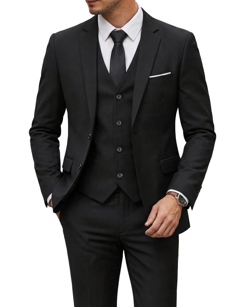 YND Men's 3 Piece Suit Set with Tie, 2 Button Slim Fit Solid Blazer Jacket Vest Pants, Business Wedding Party Suits for Men, Black - Image 1